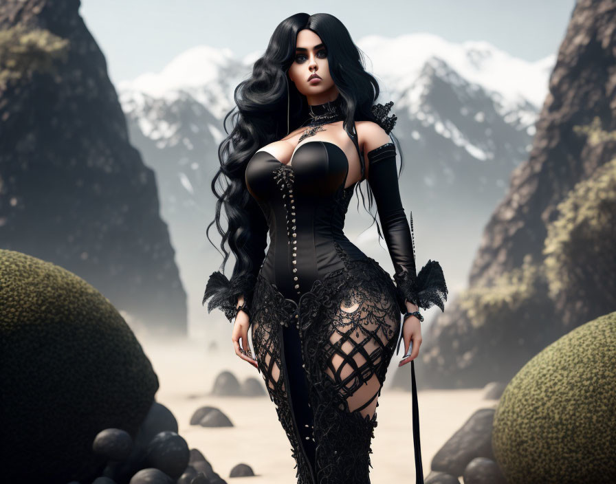 Digital art: Woman in gothic black dress in surreal landscape