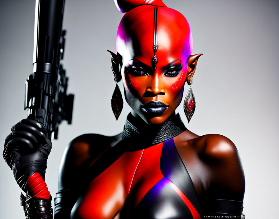 Person with red skin in futuristic attire holding weapon with unique earrings and facial ornaments