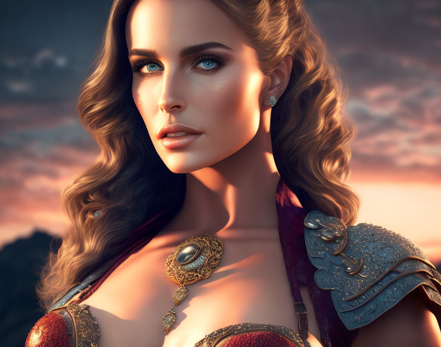 Digital Artwork: Woman in Elegant Armor with Blue Eyes at Sunset