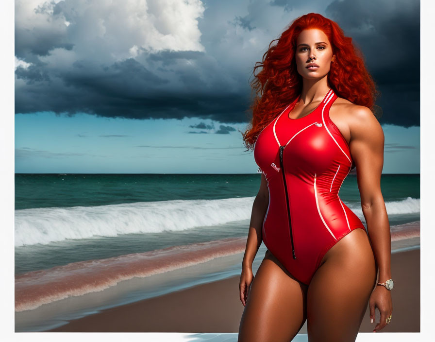 Red-haired woman in red swimsuit on beach with waves and dark clouds