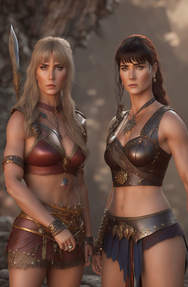 Two warrior women in fantasy-style armor standing in rocky landscape