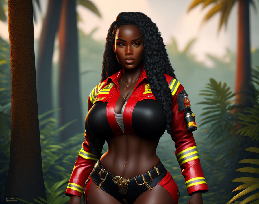 Digital Art: Confident Woman in Red Jacket with Jungle Background