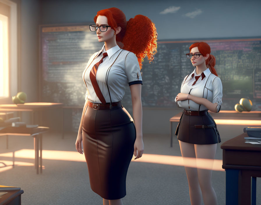 Two confident female characters in classroom setting with smart outfits and glasses