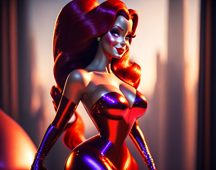 Stylized 3D illustration of woman in red hair and glossy bodysuit against urban sunset