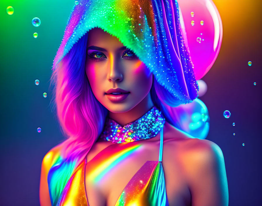 Colorful portrait of woman with purple hair and holographic outfit on neon background