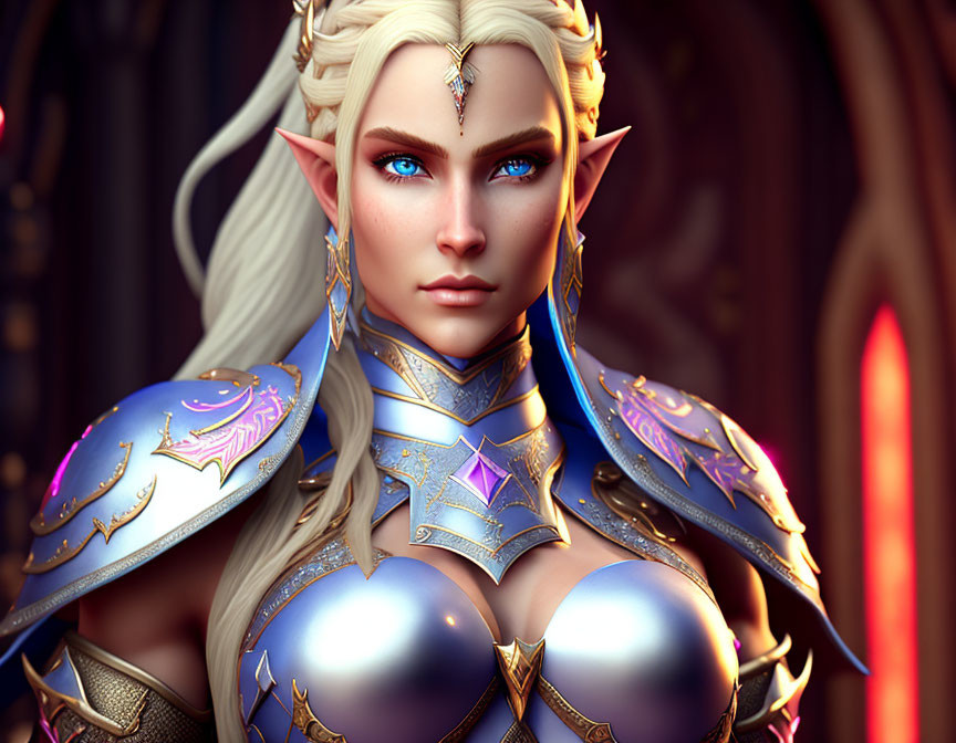 Fantasy female elf illustration in blue and gold armor with star motifs