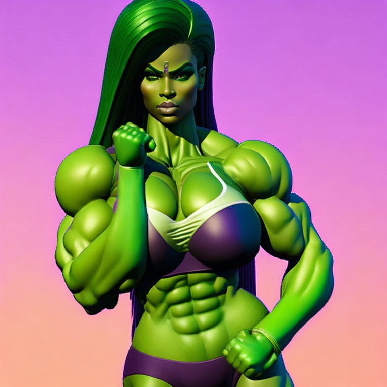 Muscular green-skinned female character in white and purple outfit on purple background