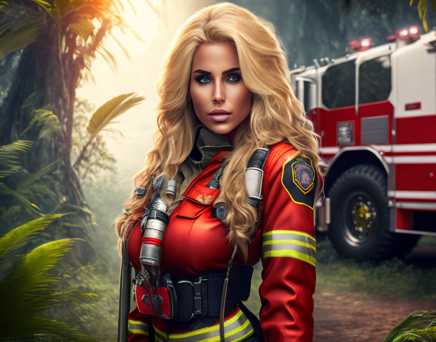 Blonde woman in firefighter uniform with forest and fire truck.