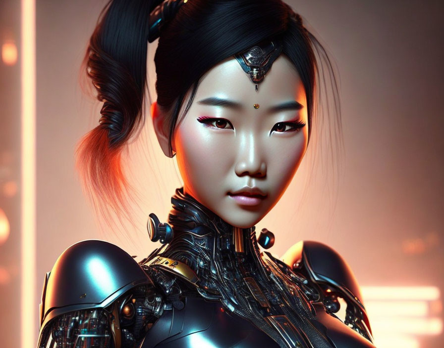 Detailed portrait of female cyborg with Asian features in sleek black armor