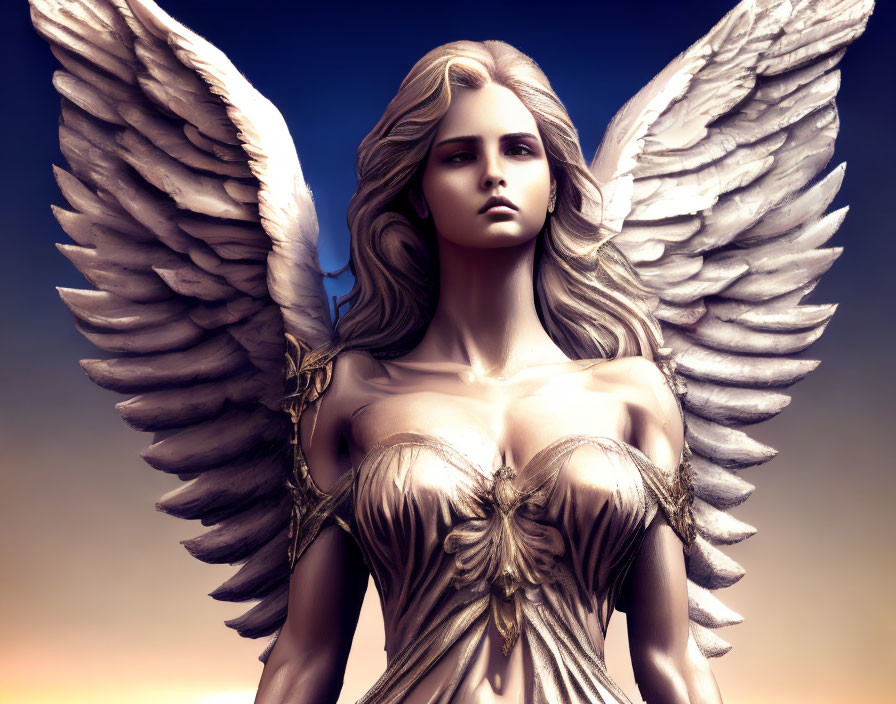 Digital Artwork: Angelic Figure with Feathered Wings and Golden Attire