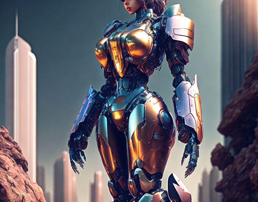 Futuristic female robot in blue and orange armor against cityscape.