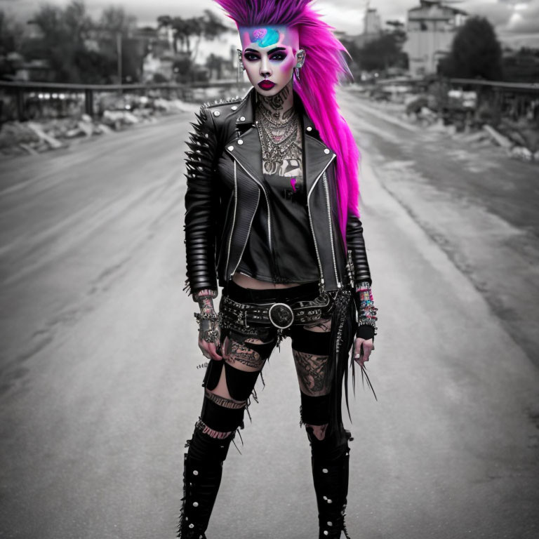 Vibrant Purple Mohawk Punk Person on Road