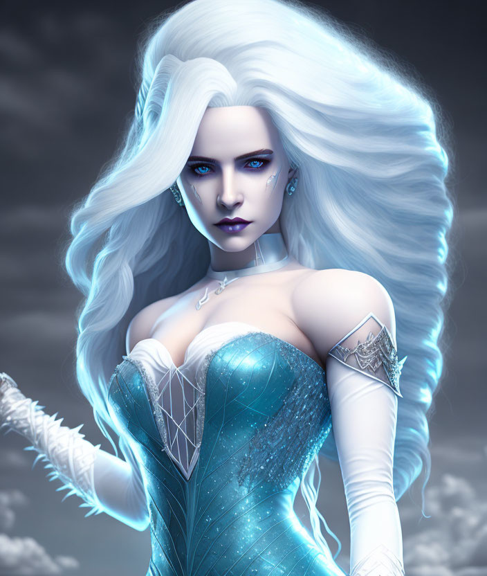 Fantasy digital artwork of ice queen with white hair and blue gown