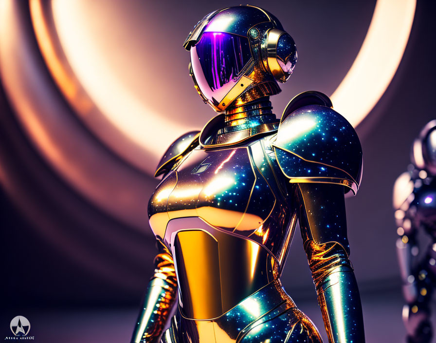 Golden futuristic robot with purple visor and space pattern on swirl backdrop