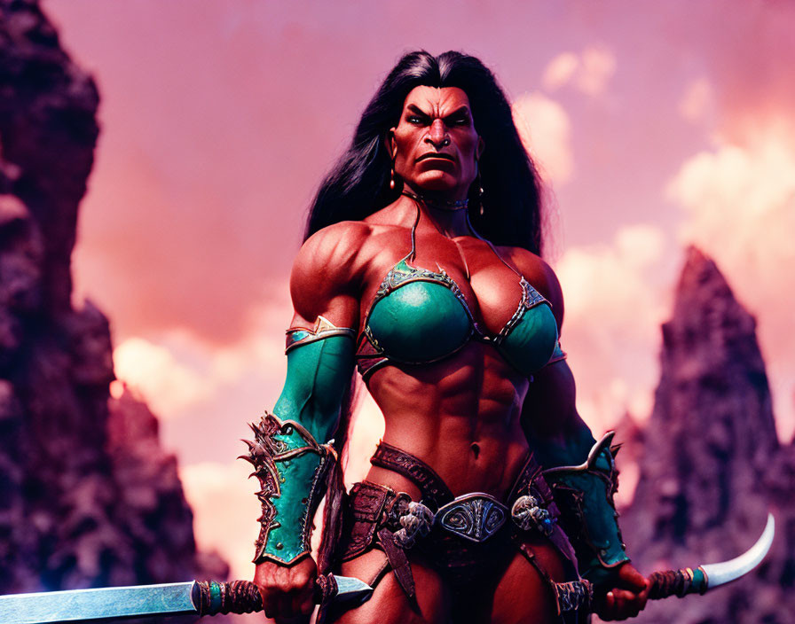 Muscular female warrior in green armor wields sword in rocky terrain against pink sky