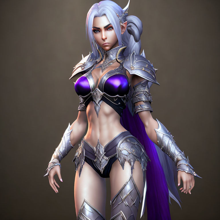 Female fantasy character in silver armor, purple cape, white hair.