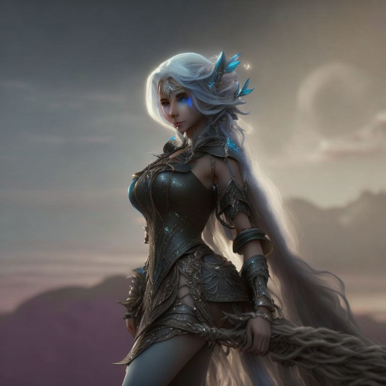 Fantasy female warrior with silver hair and glowing headpiece in intricate armor against dusky sky.