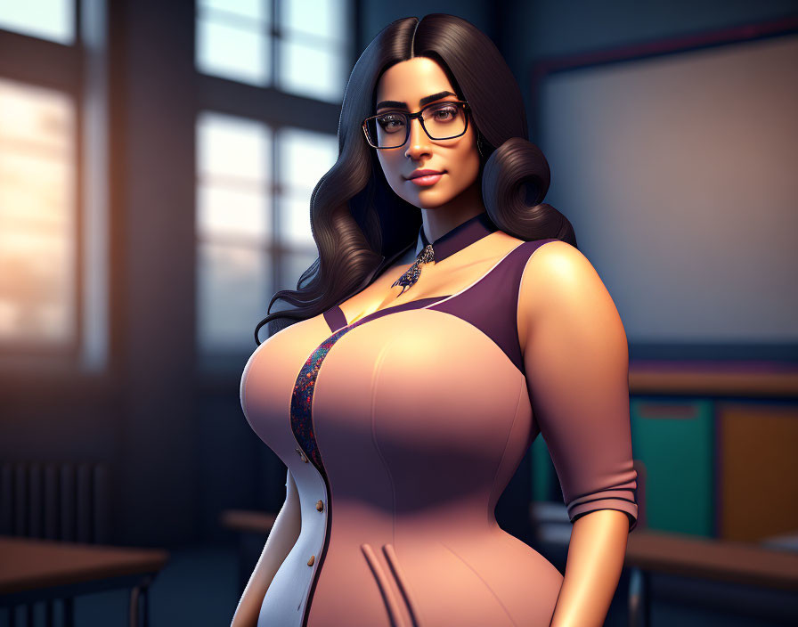 Stylized illustration: Woman with glasses in classroom, purple dress