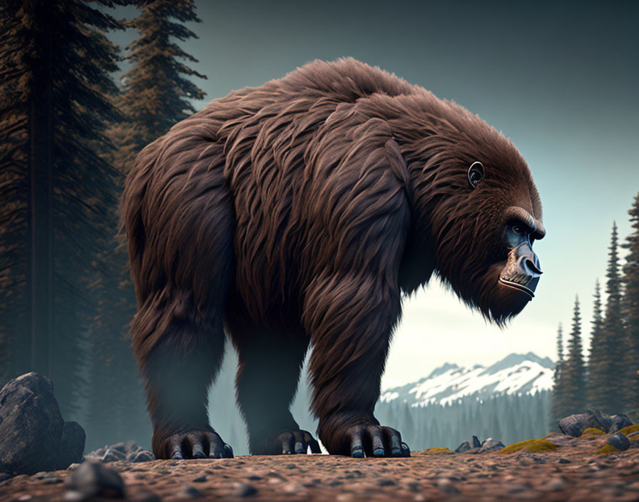 Brown Bear in Forest Clearing with Mountains and Pine Trees