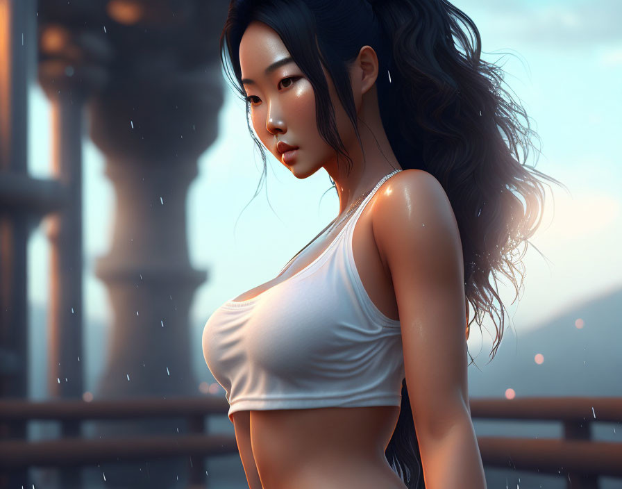 Digital artwork: Woman with long hair in white top, gazing in serene setting with raindrops