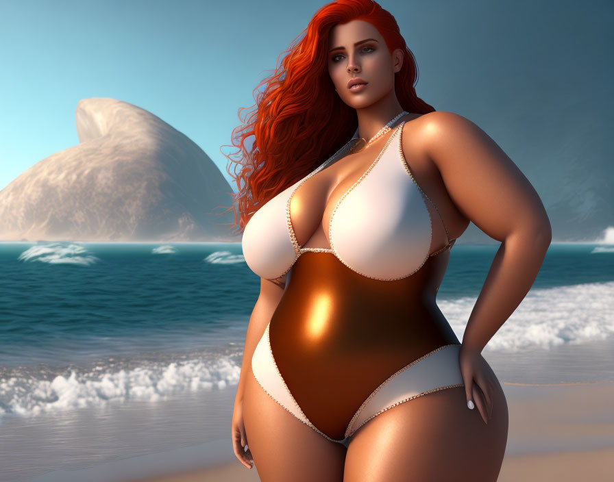 Red-Haired Curvy Woman in White and Gold Swimsuit on Beach