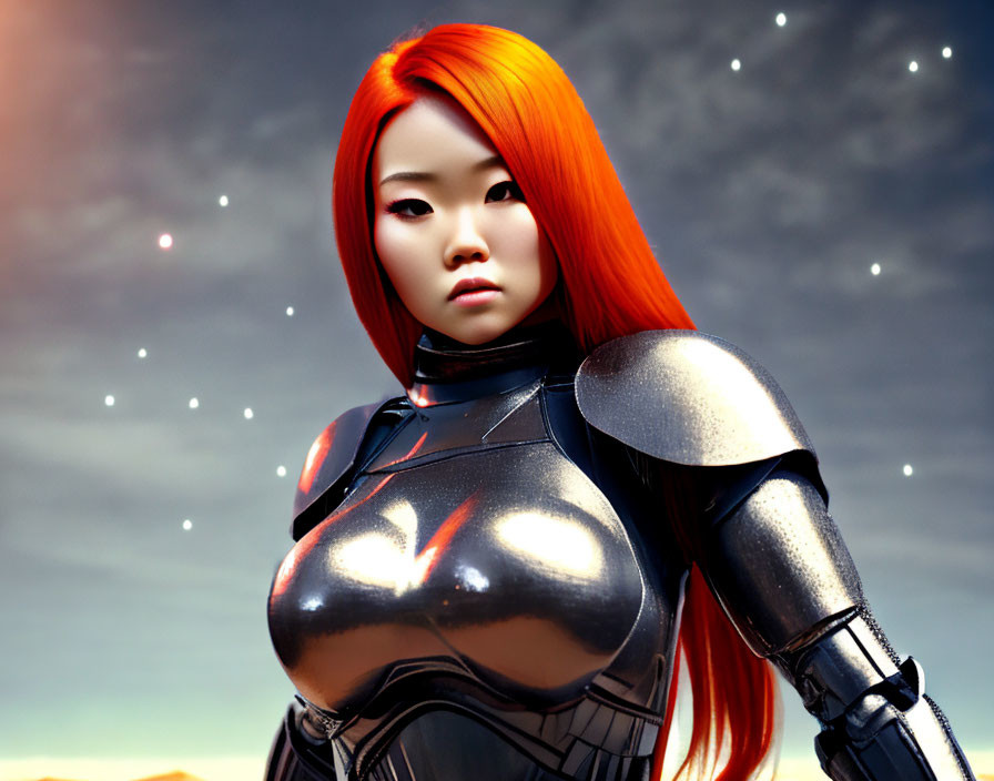 Digital artwork: Female character with orange hair in futuristic black armor against starry twilight sky