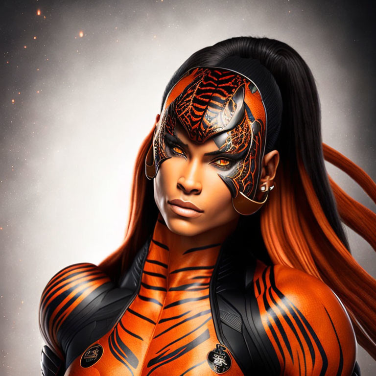 Digital Artwork: Woman with Black and Orange Tiger Body Paint