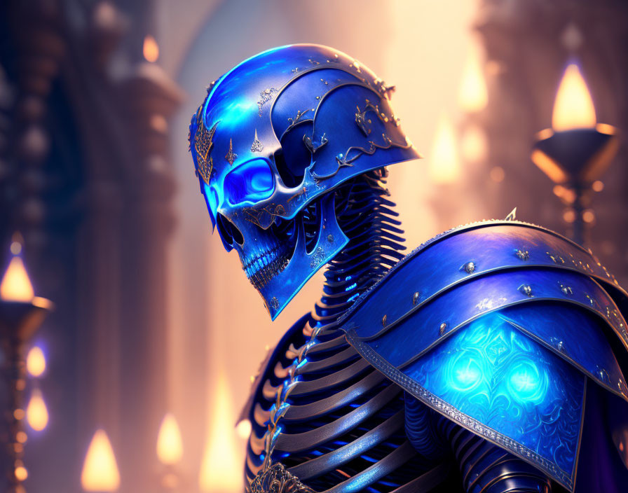 Skeletal Figure in Blue Armor with Glowing Interior on Warm Lights Backdrop