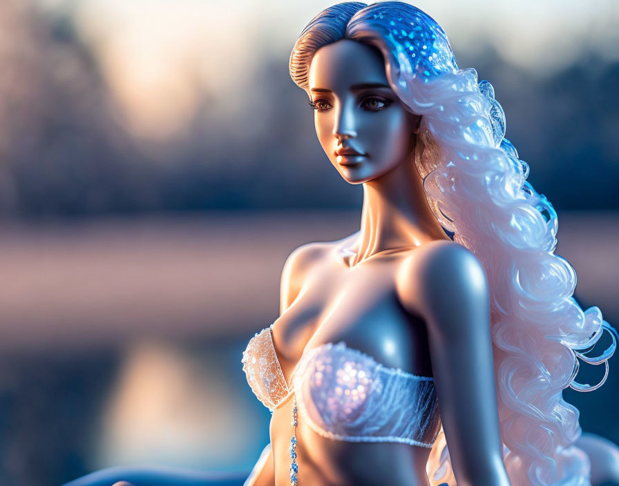 Doll with long wavy hair in beaded top against natural backdrop