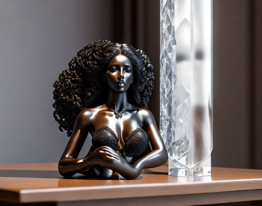 Dark-skinned woman figurine in lace lingerie beside glass lamp on wooden surface