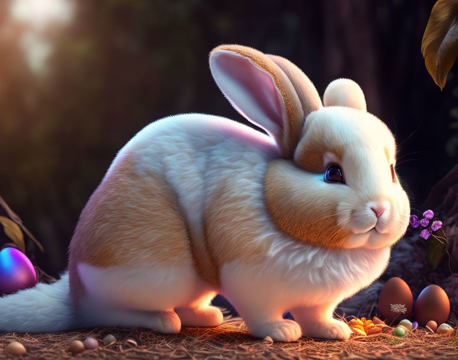 Fluffy rabbit with large ears beside colorful eggs and flowers in forest landscape