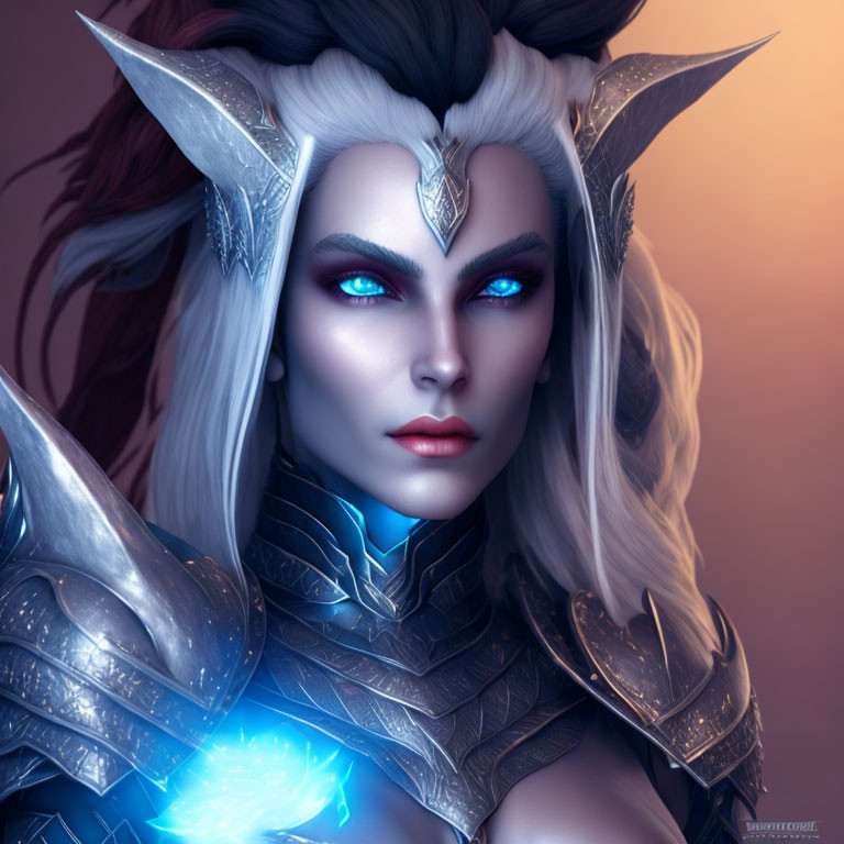 Fantasy female character with white hair, glowing blue eyes, pointy ears, and elaborate silver armor