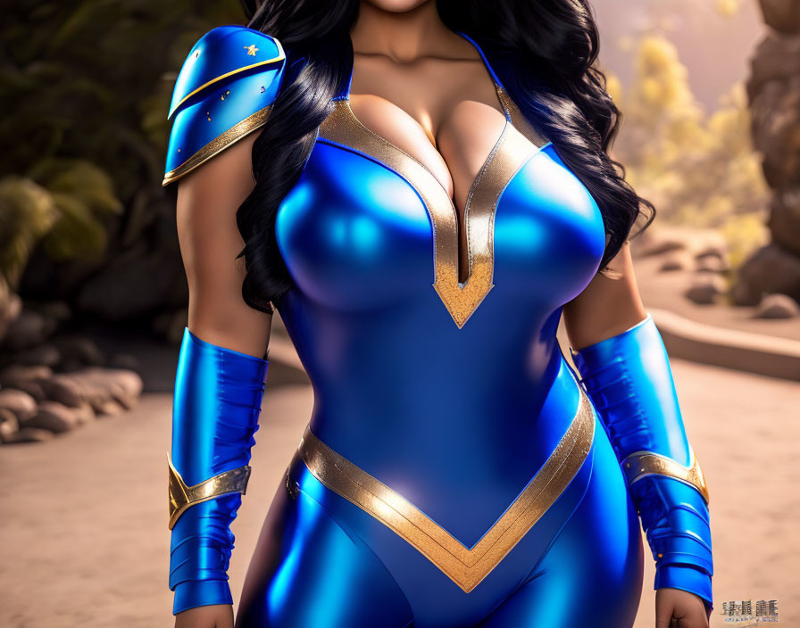 Superheroine with flowing black hair in blue and gold costume