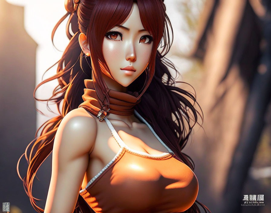 Digital artwork of female character with brown pigtails and orange top.