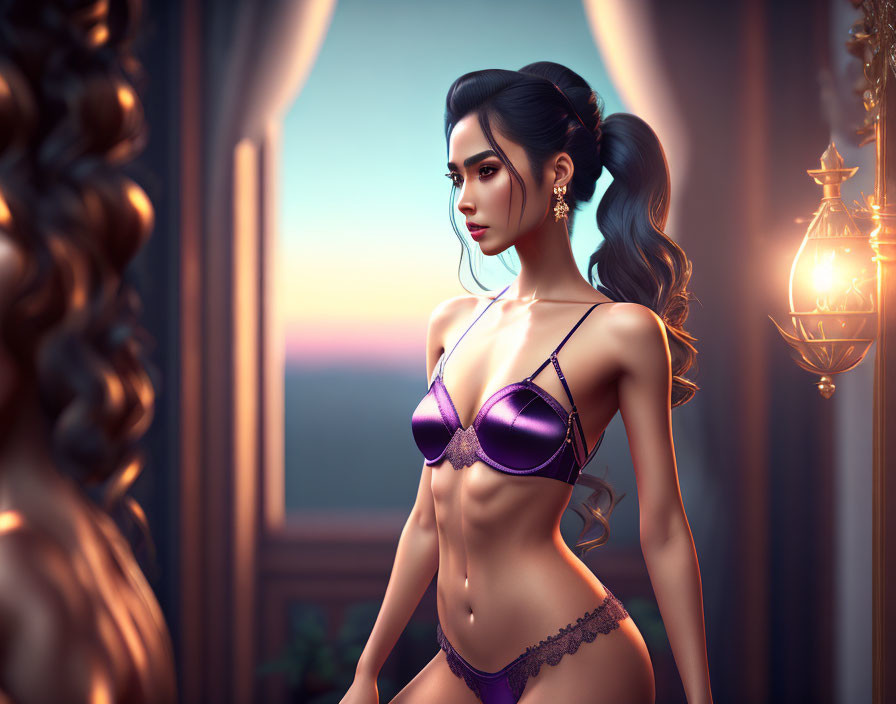 Digital artwork: Woman in purple lingerie at sunset window