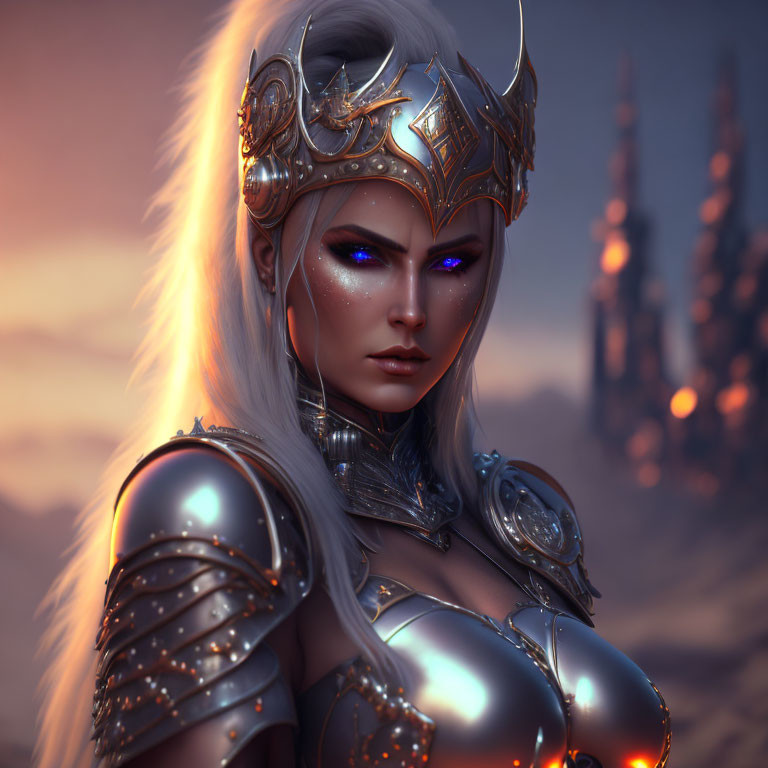 Female warrior digital artwork: striking blue eyes, ornate silver armor, fiery dusk backdrop.