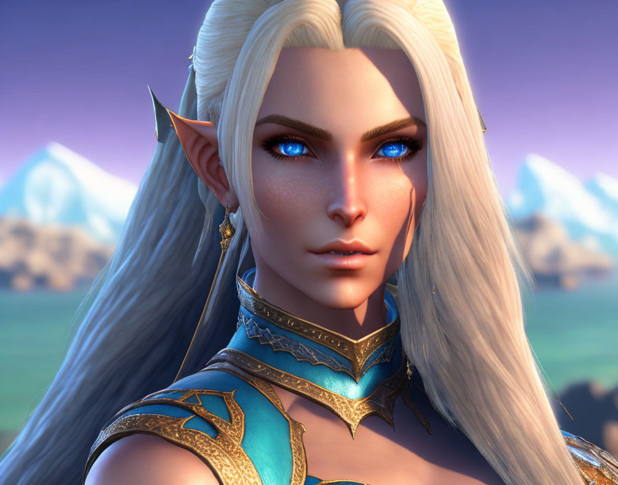 Elf 3D illustration with sharp ears and blue eyes in blue and gold outfit