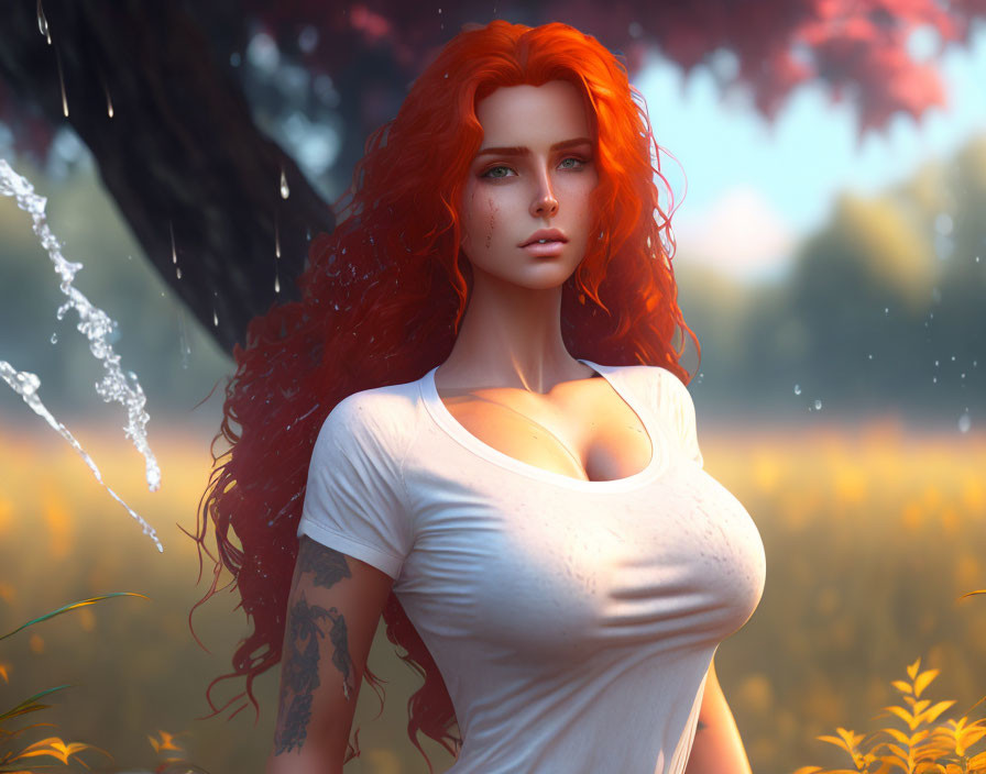 Vibrant red-haired woman with tattoo in white shirt against autumn backdrop