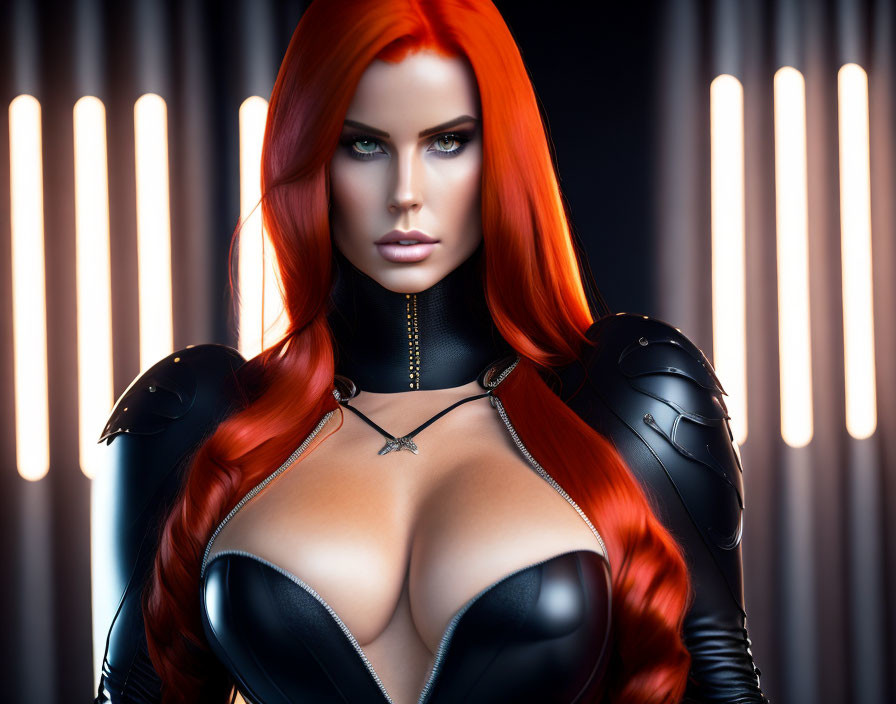 Digital artwork: Woman with red hair, green eyes, black armor, glowing lights.