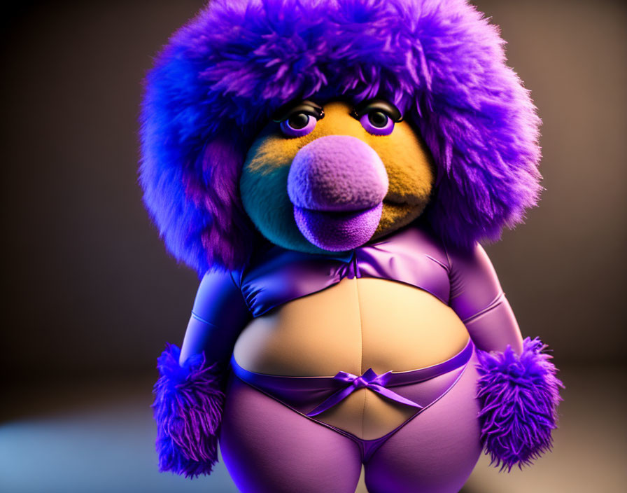 Plump purple animated character with fluffy hood and whimsical expression