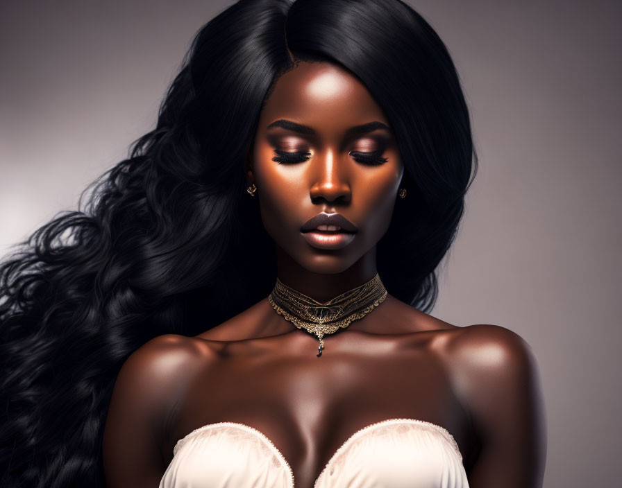 Dark-skinned woman in choker with wavy hair and closed eyes on gray background