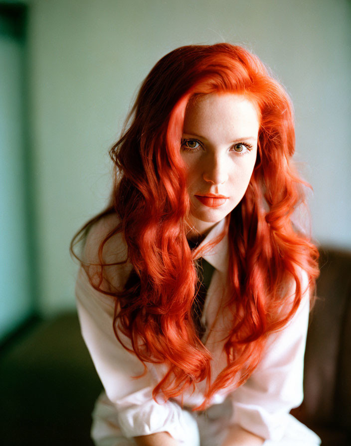 Red-haired woman in white blouse against green backdrop