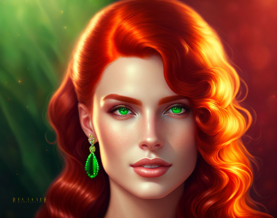 Vibrant digital artwork: woman with red hair and green eyes on blurred background