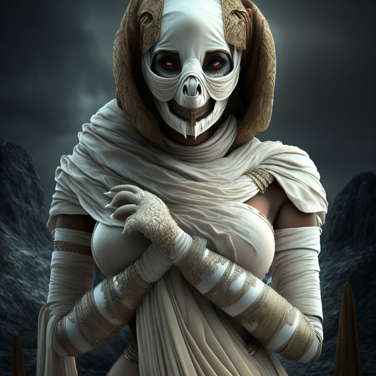 Digital artwork featuring creature with skull-like face, bandages, armlets, stormy backdrop