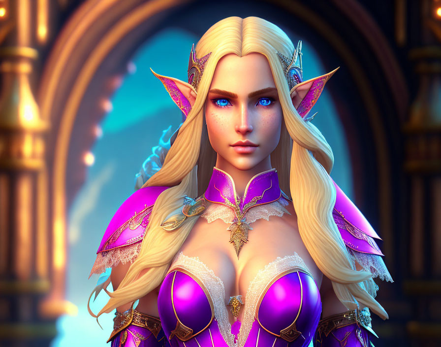 Fantasy female character with pointed ears, blue eyes, and blonde hair in regal purple armor in