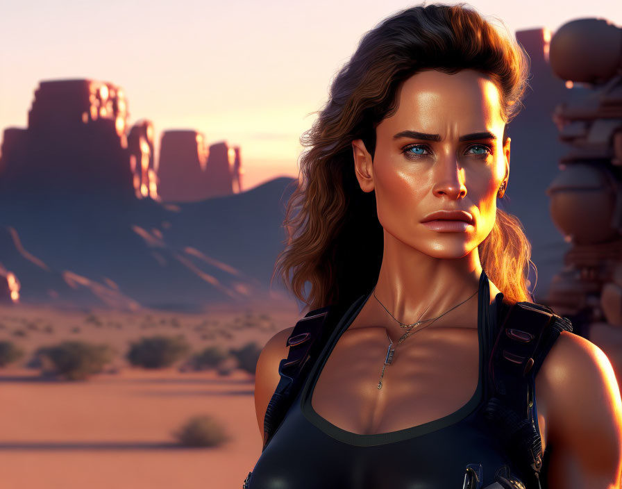 Digital Artwork: Determined Woman in Desert Sunset Landscape