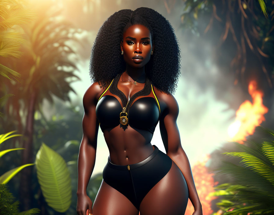 Dark-skinned woman in black bikini confidently standing in tropical jungle with fire background