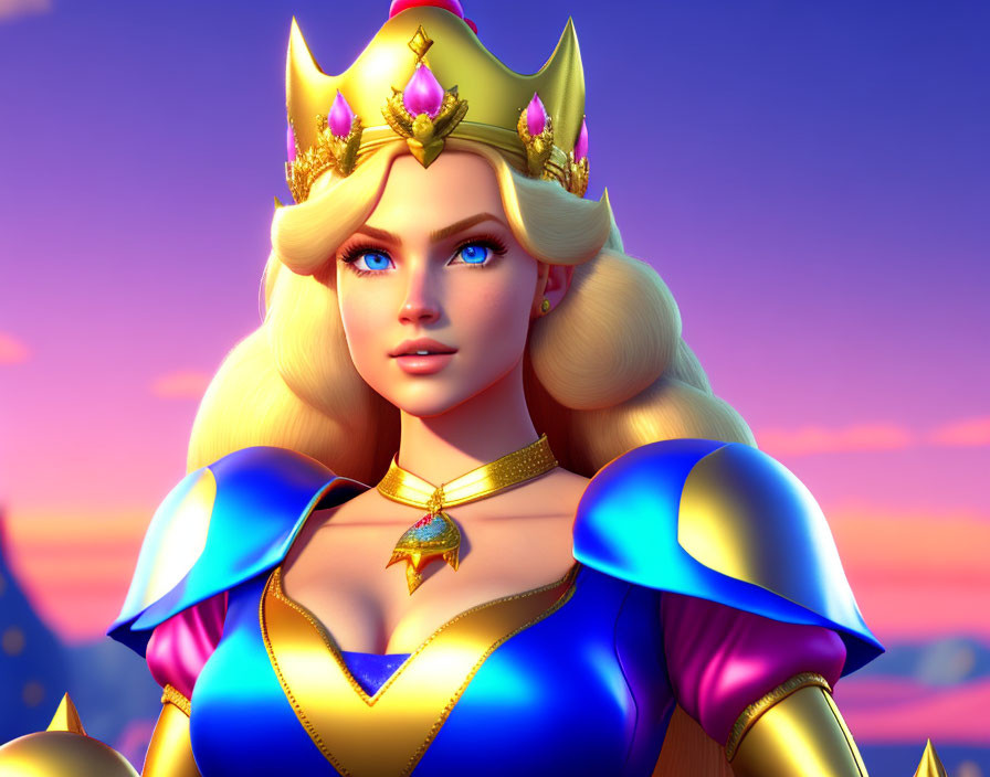 Blonde Princess in Golden Crown and Blue Armor at Sunset