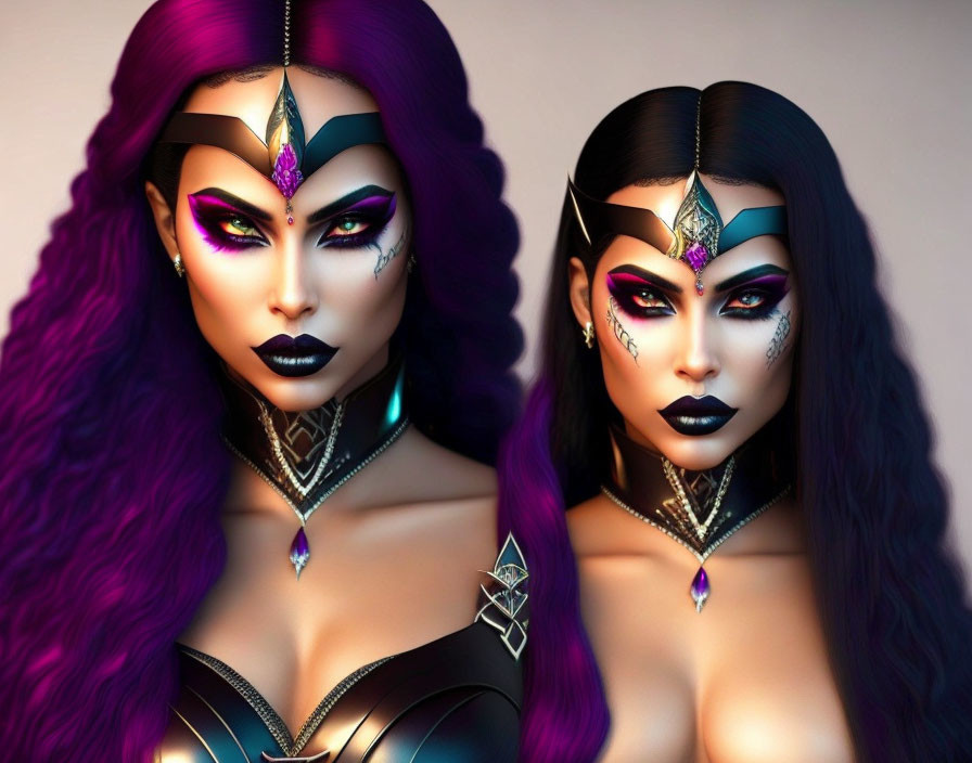 Stylized female characters with purple hair and fantasy headpieces on pink background