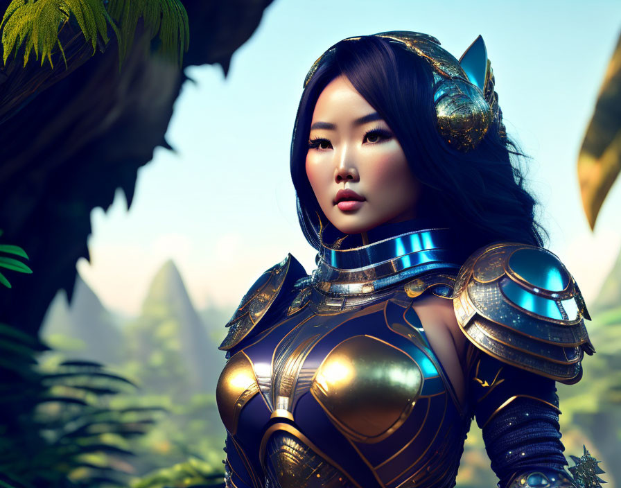 Asian warrior woman in golden & blue armor in jungle setting